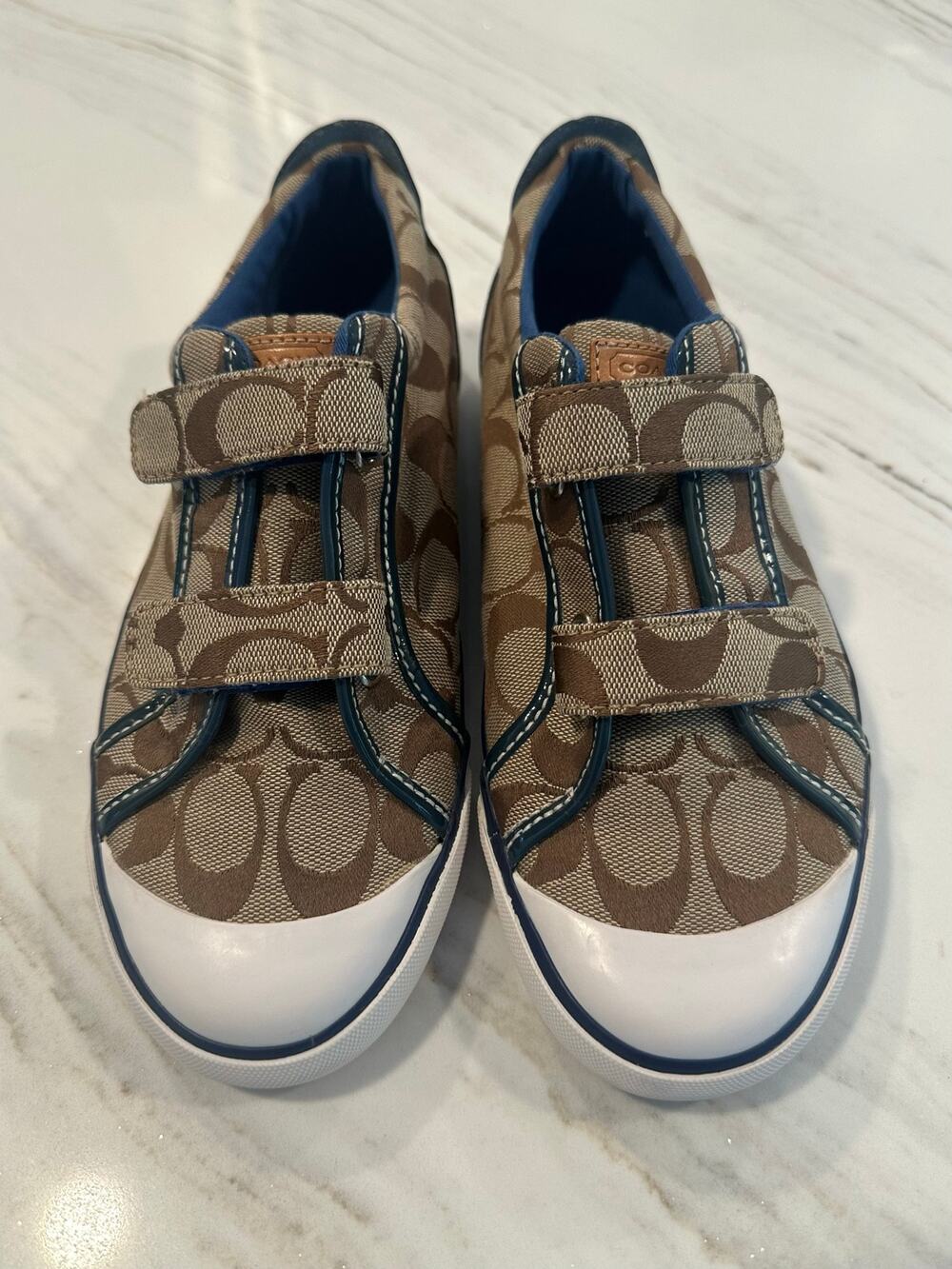 Coach Signature Canvas Sneakers Navy Blue Velcro Strap Women's ~Size 7 Y2K Khaki